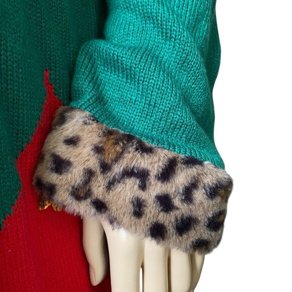 Holiday Time Christmas Sweater Dress Green Elf Leopard Fur Off Shoulder 3X 24W - Picture 4 of 16